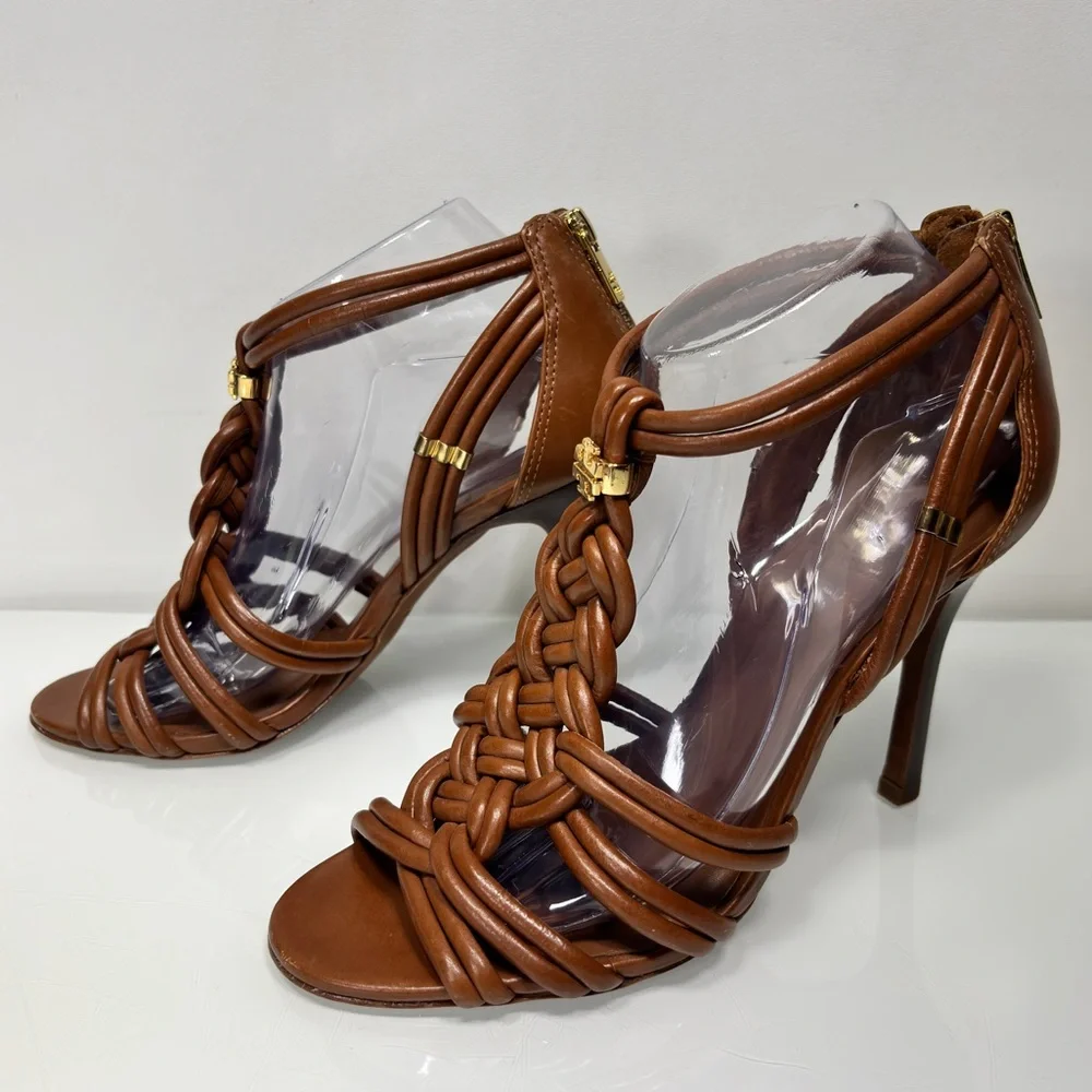 Tory Burch Brown Strappy Braided Leather Heels Size 8.5